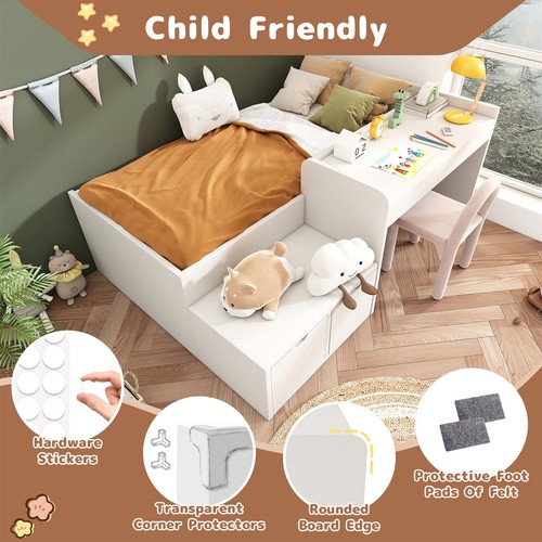 Single Bed 3ft Solid Wood Kids Bed with Desk and Drawers Bed Frame with Storage - Picture 4 of 10