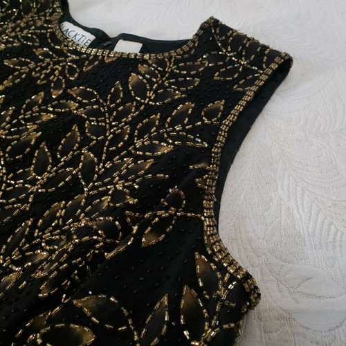 Oleg Cassini blusa paillettes donna 10 senza maniche seta nera vintage - Foto 4 di 12