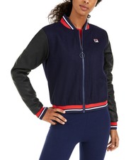 Fila Womens Anais Varsity-stripe Bomber Jacket Size Xl