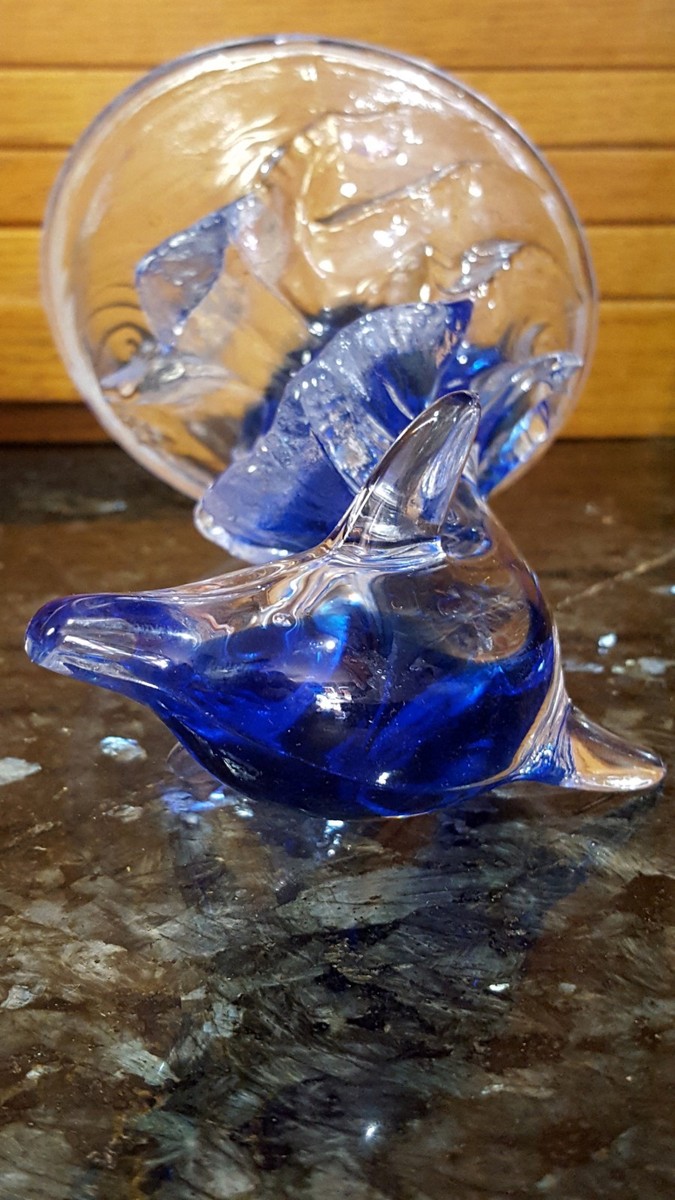 1 ONLY! COBALT & CRYSTAL Art Glass DOLPHIN LEAPING WAVES Figurine