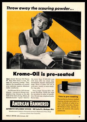 1957 American Hammered ''Krome-Oil'' Ring Set Housewife Scouring Powder Print Ad