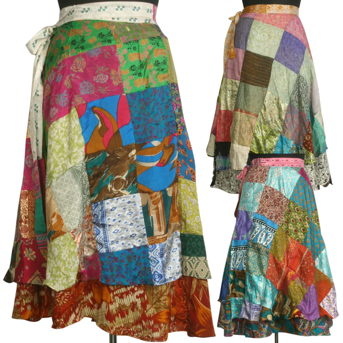 Vintage Silk Sari Patchwork Magic Wrap Skirt Beach Wear Dress Wholesale Lot Of 5