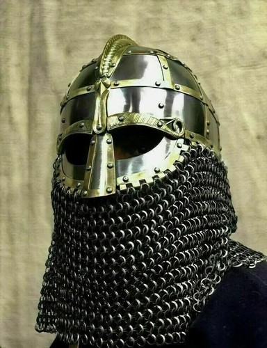 16GA Medieval Designer Helmet Vendel Knight With Chain Mail Halloween Roleplay - Picture 3 of 5