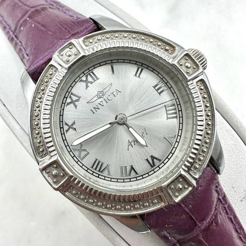Invicta Angel Uhr silberfarben 15083 lila Leder 50M neue Batterie