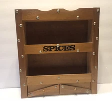Vintage Spice Rack Wooden Wall Mount 2 Tier Shelves With 2 Drawers