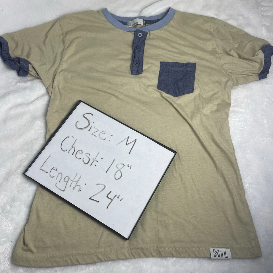 MTL Apparel Group Hombre Mediana 1/4 Botón Camiseta Beige con Detalle Jean Foto 2 de 4