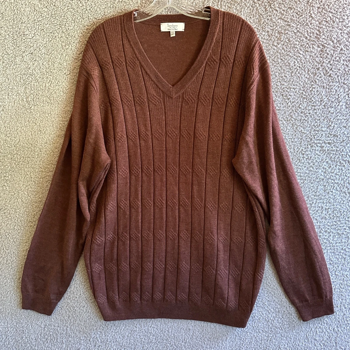 Turnbury Mens Sweater Size 2XLT Tall Brown Cable Knit Merano Wool