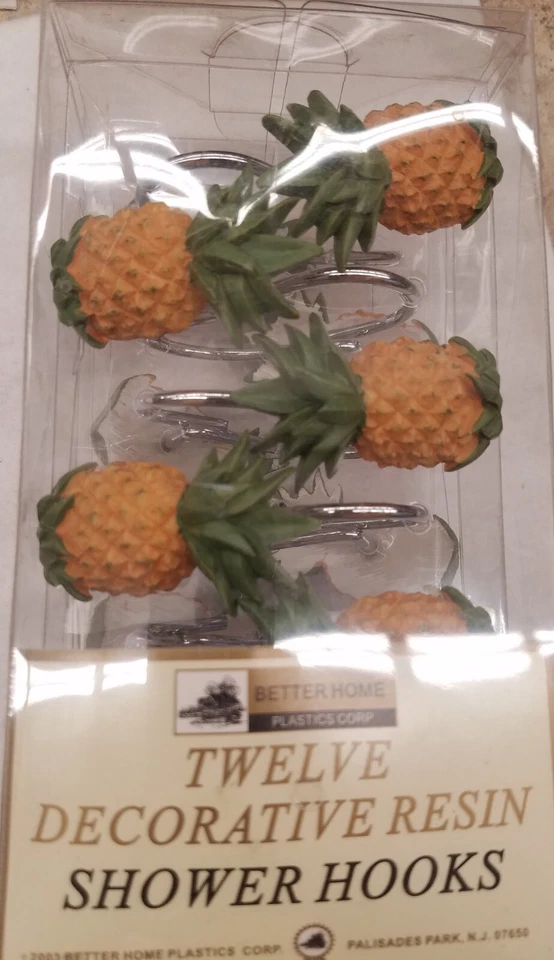 Ganchos para cortina de ducha de piña pintados a mano verde y amarillo raros vintage de 12 piezas Foto 2 de 3