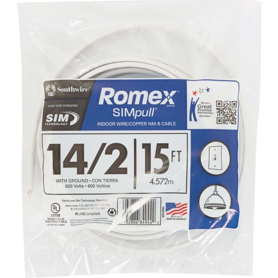 Southwire 15 Ft. 14/2 Solid Romex SIMpull CU NM-B W/G Wire with Ground ...