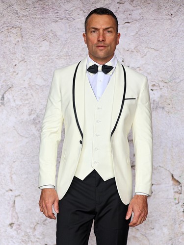 NWT 46R 3PC MENS TUXEDO SUIT CREAM / BLACK PIPPING SLIM FIT REVERSIBLE VEST