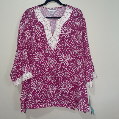 CATHY DANIELS Tunic Top Coverup 2X Pink White 3/4 Sleeves NWT Blouse