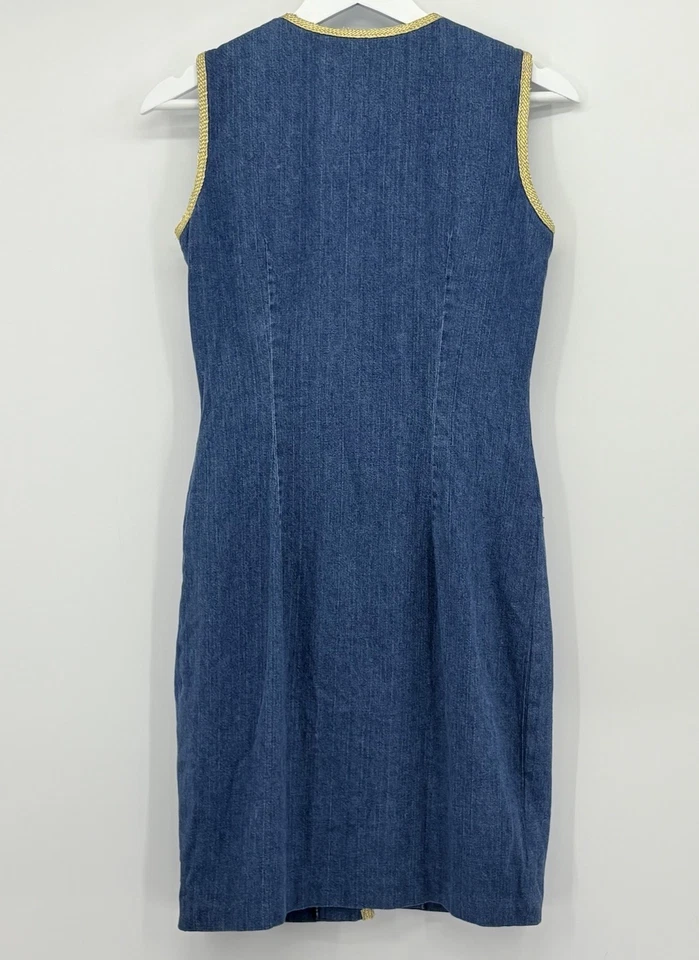 Ann Tjian for Kenar Denim Jean Dress Gold Trim Size 6 Button Up 100% Cotton - Image 2 of 4