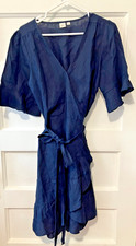 GAP Linen Dress Women's M Navy Wrap Tie Ruffle Flutter Half Sleeve Sundress SALE