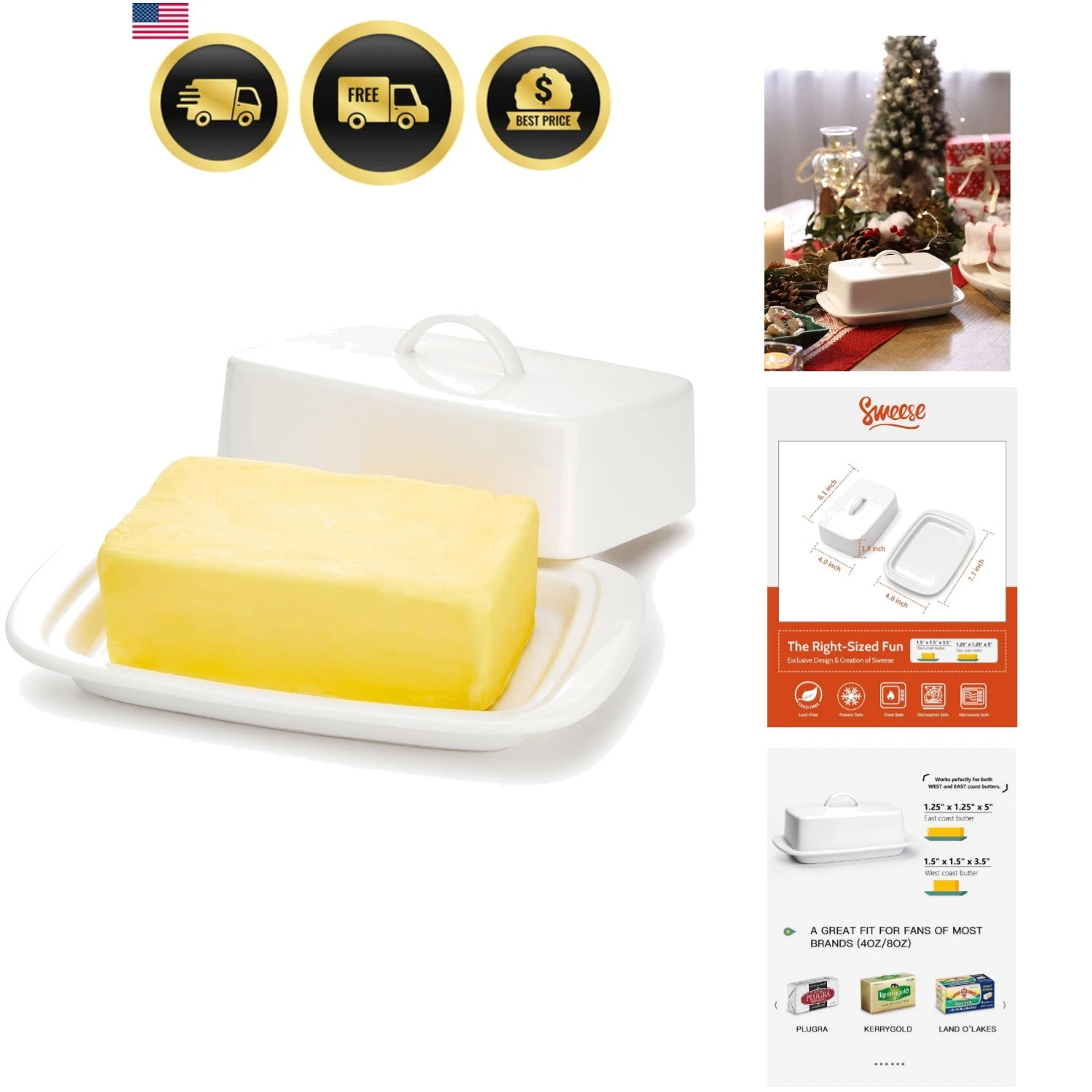 Large Butter Dish with Lid for Countertop, Porcelain 8oz Butter Keeper with H...