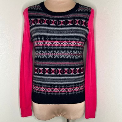 Halogen Cashmere Sweater Small Womens Pink Black Fair Isle Knit Crew Neck Winter