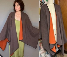 NWT $498 Lafayette 148 Shawl Poncho Wool Leather Trim Beige Orange Sweater knit