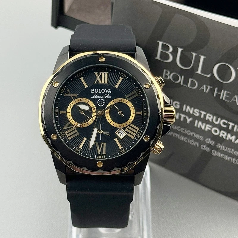 Bulova Marine Star 98B278 Black Gold Dial Black Rubber Strap Men's Quartz Watch - Image 2 of 4