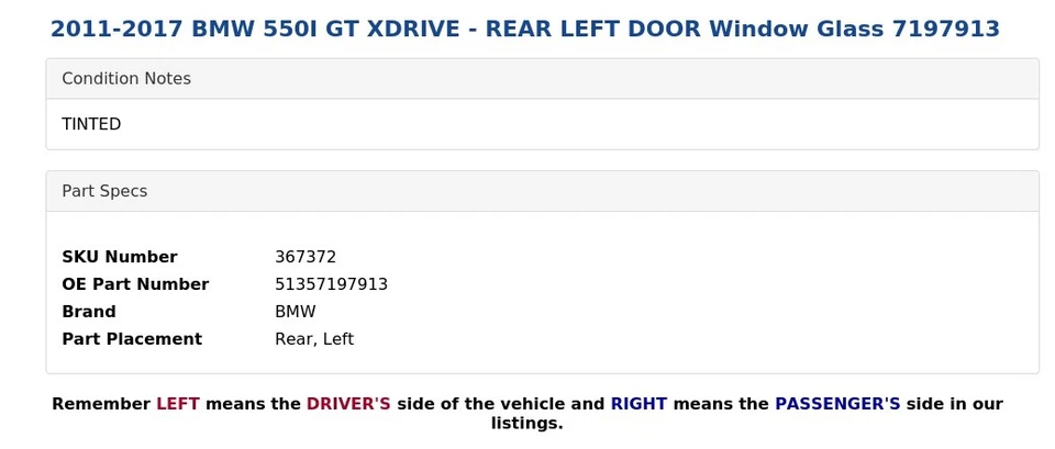 BMW 550I GT XDRIVE 2011-2017 - PUERTA TRASERA IZQUIERDA VENTANA CRISTAL 7197913 Foto 3 de 4