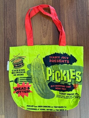 Trader Joe's PICKLE IN A JAR Canvas Cotton Tote Reusable Grocery Tote Bag Green