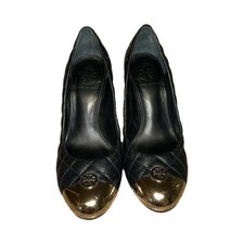 Tory Burch Quilted Leather Wedge Heels Black Gold Cap Toe Logo Comfort