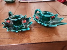 2 Vtg Lefton's Holly Berry Handled Taper Candle Holders Holiday