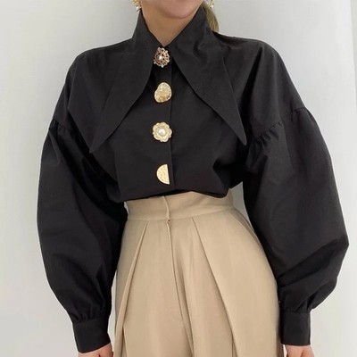 Bellamy - Statement Collar Button Detail Blouse In Black & White Sizes S To 3XL