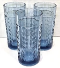 VTG Anchor Hocking Vertical Laurel Blue Glass Tumblers Set Of 3, 6.25" Retired