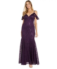 R M Richards Women's Sequin Lace Cold Shoulder Gown - Plum - 16