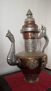 LRG 24" Tibetan Copper & Silver Ritual Ewer Teapot Dragon Handle Makara Spout