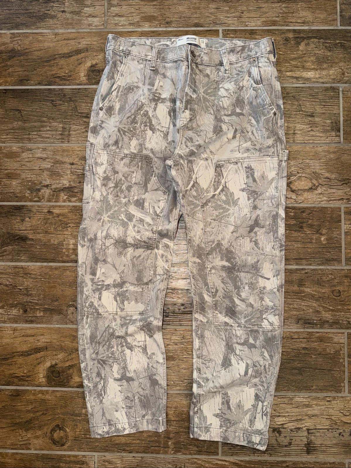 Hollister Loose Carpenter Camo Pants Mens Size 34x32 Gray Straight Double knee