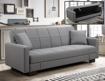 DIVANO LETTO CONTENITORE RECLINABILE MICROFIBRA GRIGIO LARGO MEGA