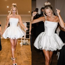 Simple Strapless A Line Short Wedding Dresses Buttons Satin Puffy Skirt Bridal