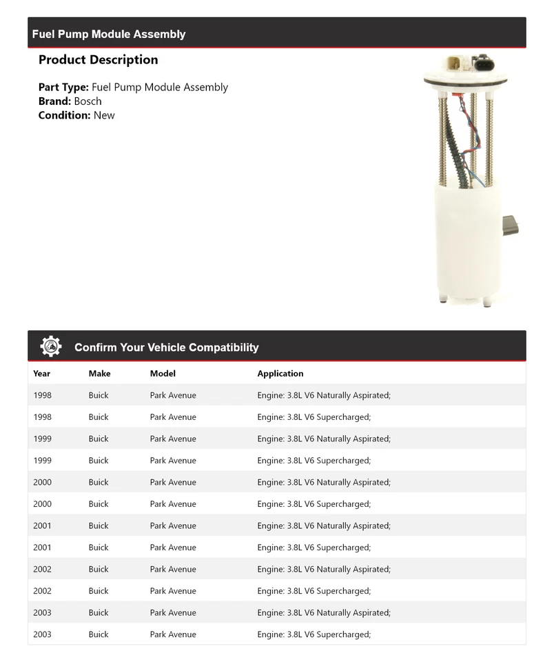 Conjunto de módulo de bomba de combustible Bosch para Buick Park Avenue 1998-2003 1999 2000 2001 Foto 2 de 4