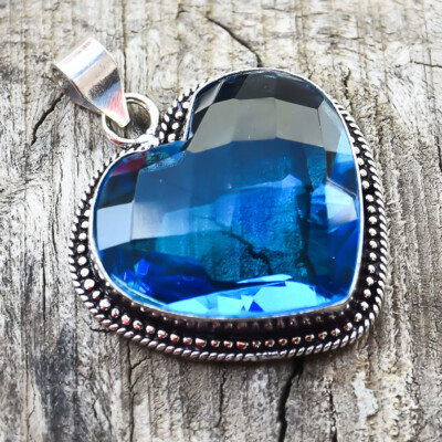 Fine Heart Shape Blue Topaz 925 Sterling Silver Handmade Pendant Gift ...