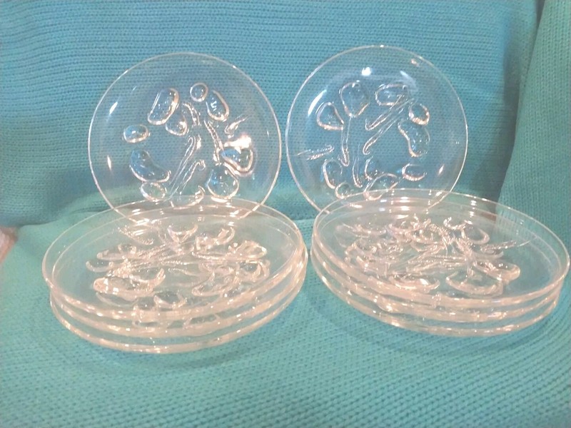 VTG Set 8 ARCOROC VERRERIE D’ARQUES St Malo GLASS 7.5"w PLATES 3D SHRIMP ROCKS 