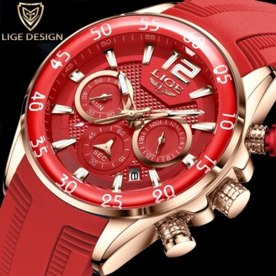 LIGE Herren Quarzuhr   Luxus Chronograph / rotes Silikonband / Sportuhr