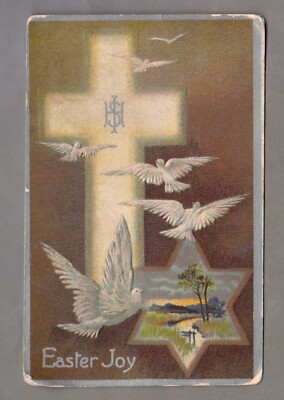 Early 1900s Easter Postcard, Cross/Doves/Star, Embossed, Metallic Silver, Retro