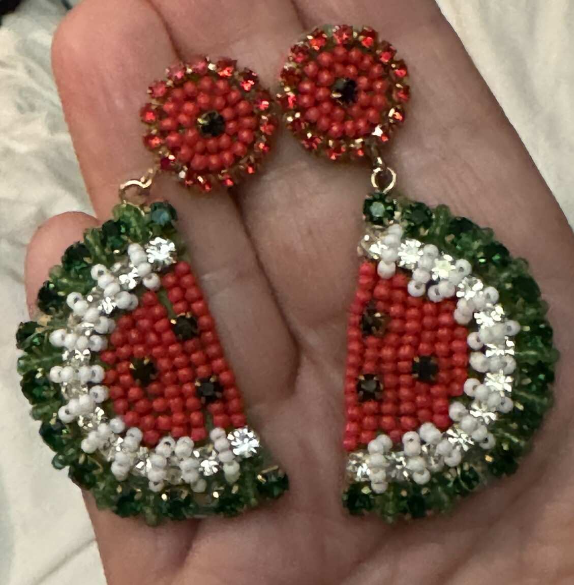 Artisan Watermelon Dangle Earrings Rhinestone Bea… - image 2