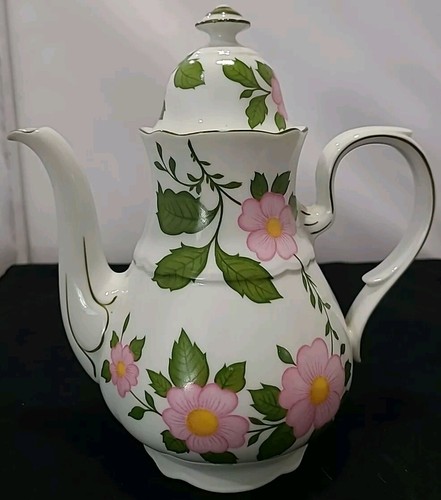 Caffettiera da tè alta tedesca vintage Tirschenreuth Baviera rosa floreale mai usata - Foto 2 di 15