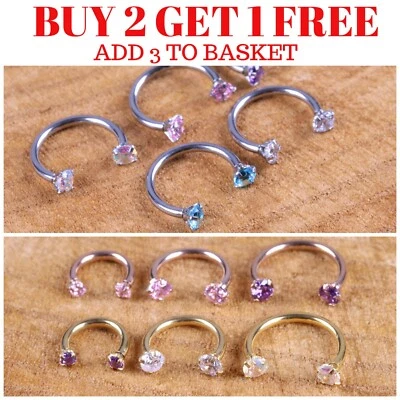 CZ Horseshoe Gem Piercing Surgical Steel Clawset Barbell Ring Septum Ear Nipple - Image 1 of 4