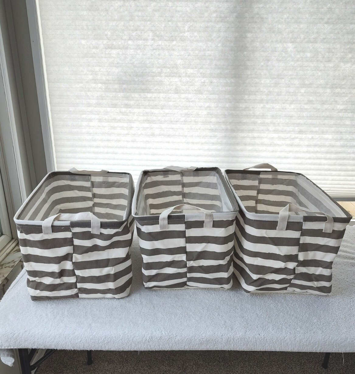 Collapsible Canvas Storage Baskets Grey and White Stripe 3 Pack eBay