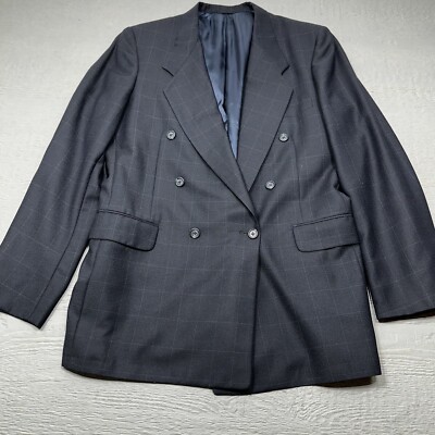 Tom James Blazer Mens 40 Blue Check Double Breast Six Buttons Classic VTG
