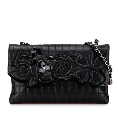 Chanel Choco Bar Calfskin Camellia No. 5 CC Shoulder Bag Pre-Loved Black