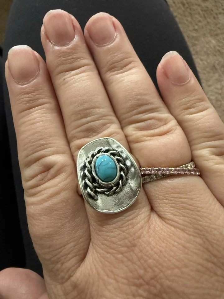 Mujer Vaquera Sombrero Anillo Talla 9 Con Corazones Piedra Turquesa Estilo Boho Western Foto 2 de 4