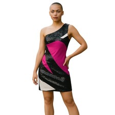 NEW Jay Godfrey Size 6 Silk Dress One Shoulder Lined Color Block Black Sequins