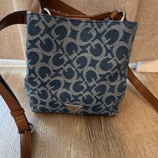 GUESS Small Blue Logo Crossbody Bag Snap Closure Lined Pockets Silver