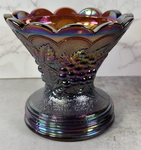 Imperial Grape Scroll Bowl Pedestal Base Iridescent Amber Carnival Glass Shiny