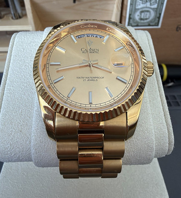 CADISEN Automatic Men's Watch Gold Dial Day-Date 100m SS Bracelet 40mm
