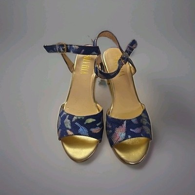 Billy Ella Anthropologie Metallic Feather Brocade Platform Sandals Heels Sz 7.5