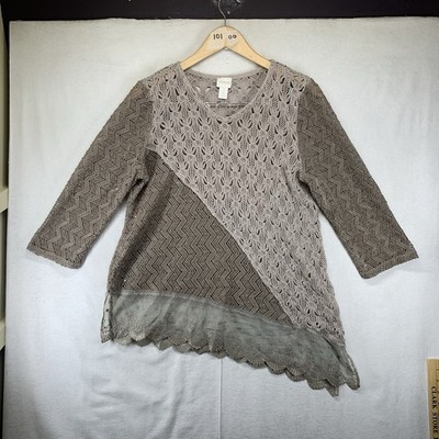 Chico's Tunic Women's Large Brown Crochet Knit Lace Trim Whimsy Linen Blend